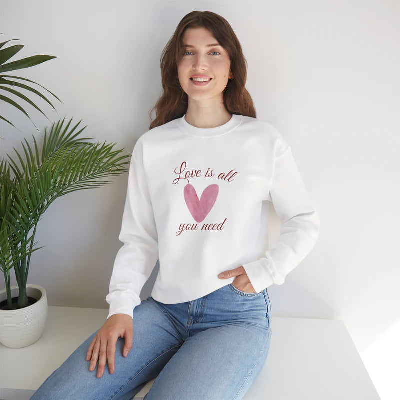Love Is All You Need Crewneck Sweatshirt – Pink Heart Valentine Pullover | Cozy Unisex Comfort