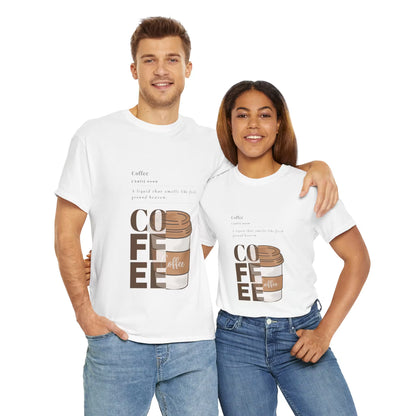 Two people wearing white t-shirts with a coffee-themed design on a white background