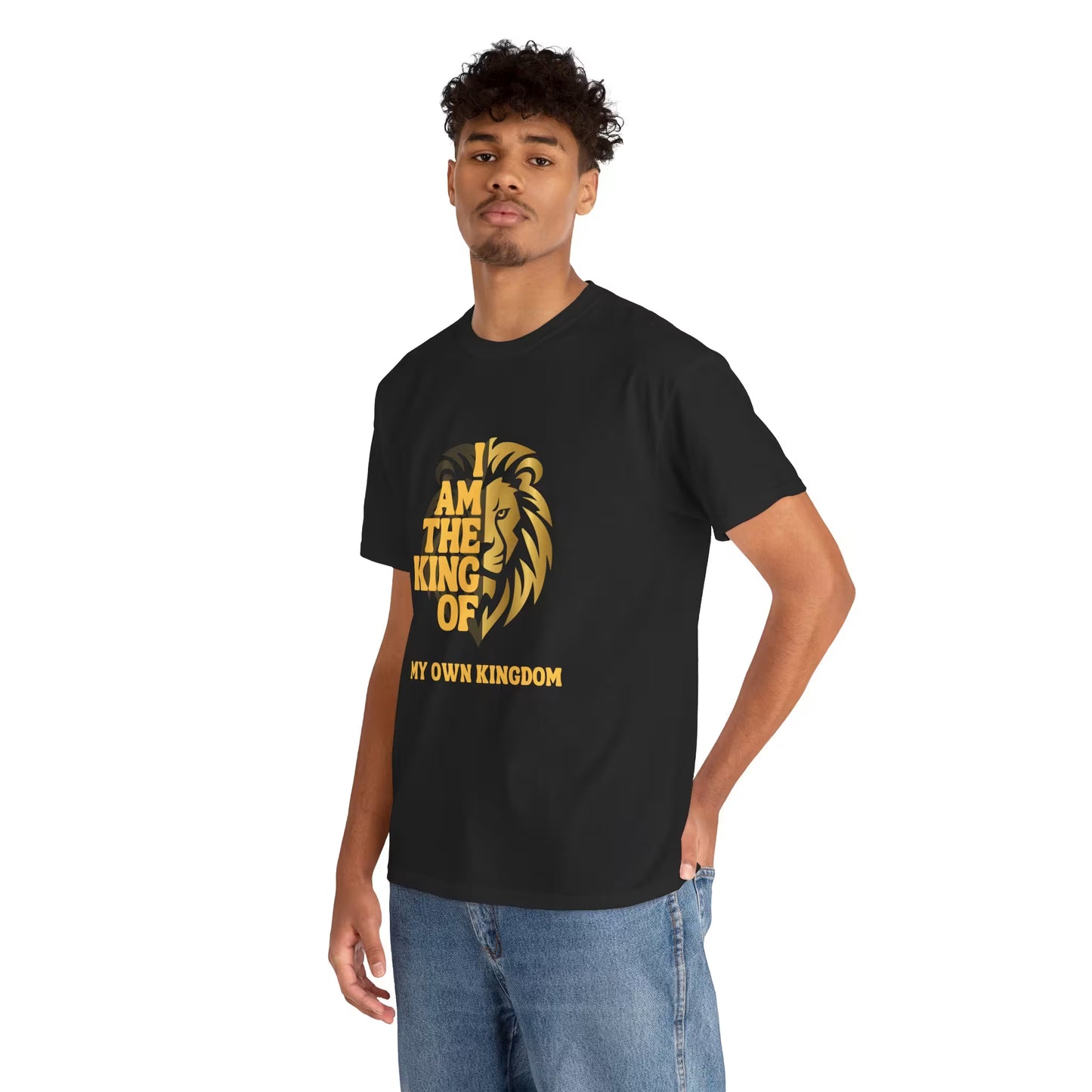 Person wearing a black t-shirt with a gold lion graphic and text on a white background