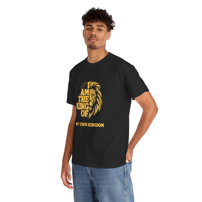 Person wearing a black t-shirt with a gold lion graphic and text on a white background